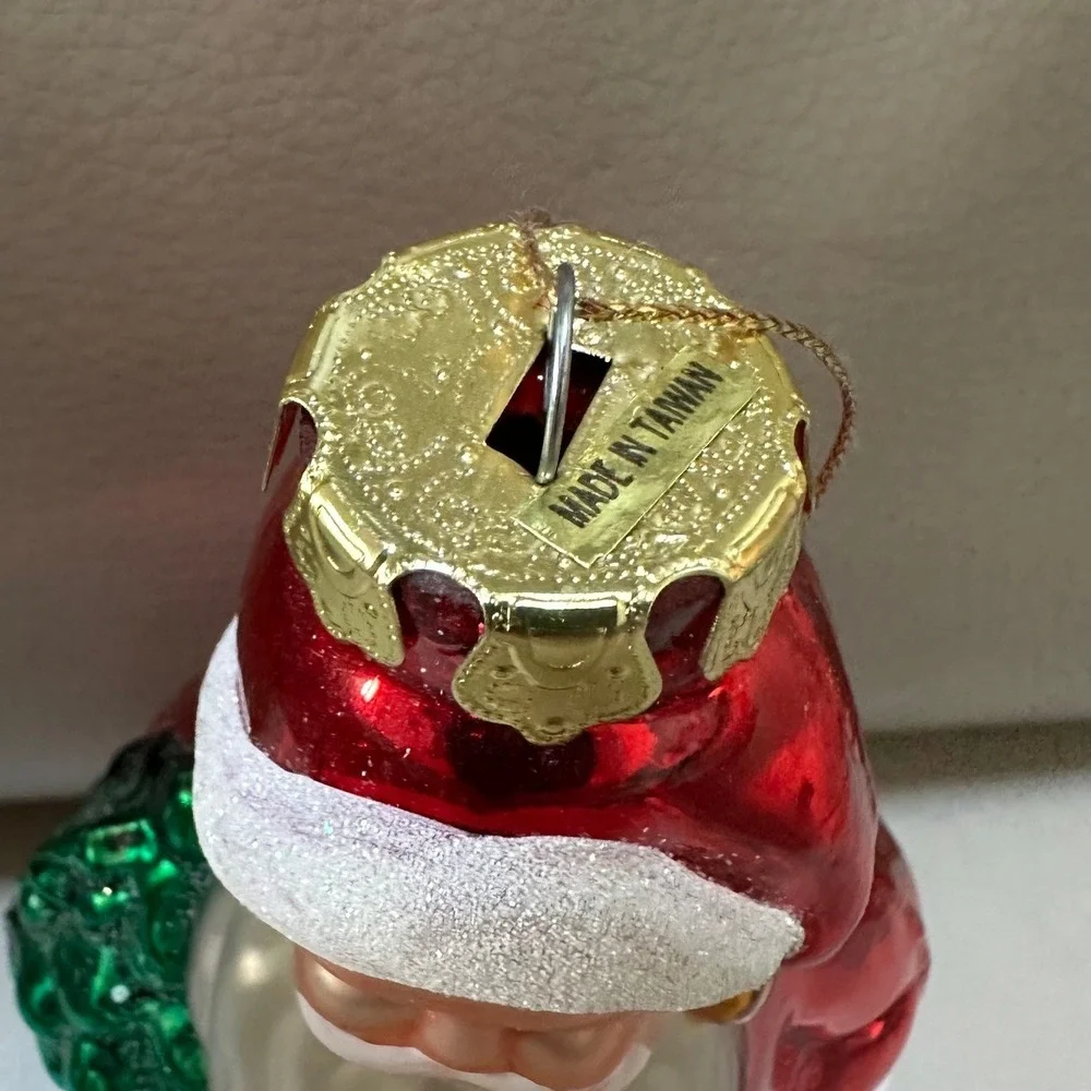 Vintage Glass Santa Claus Christmas Ornament with Tree and Gifts 7.5 Inch